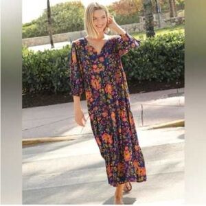 Natural Life V-Neck Maxi Dress in Royal Blue and Pink Long Sleeve Boho Peasant L